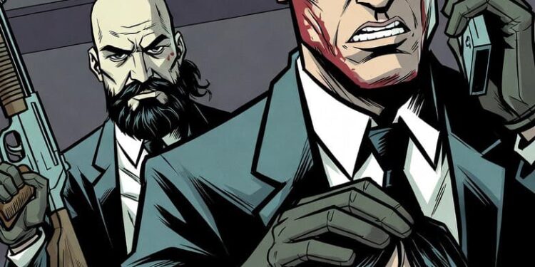 Due personaggi ispirati a quelli del videogioco Kane and Lynch vengono disegnati con uno stile da graphic novel mentre minacciano una donna con la bocca coperta