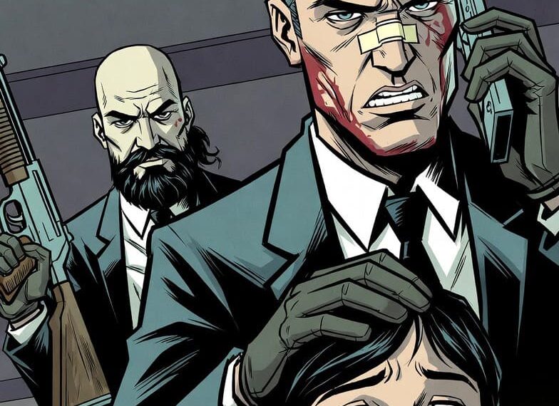 Due personaggi ispirati a quelli del videogioco Kane and Lynch vengono disegnati con uno stile da graphic novel mentre minacciano una donna con la bocca coperta