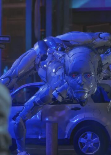 Un robot schiaccia un'automobile mentre si dirige verso i due protagonisti del videogioco Pragmata