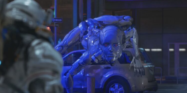 Un robot schiaccia un'automobile mentre si dirige verso i due protagonisti del videogioco Pragmata