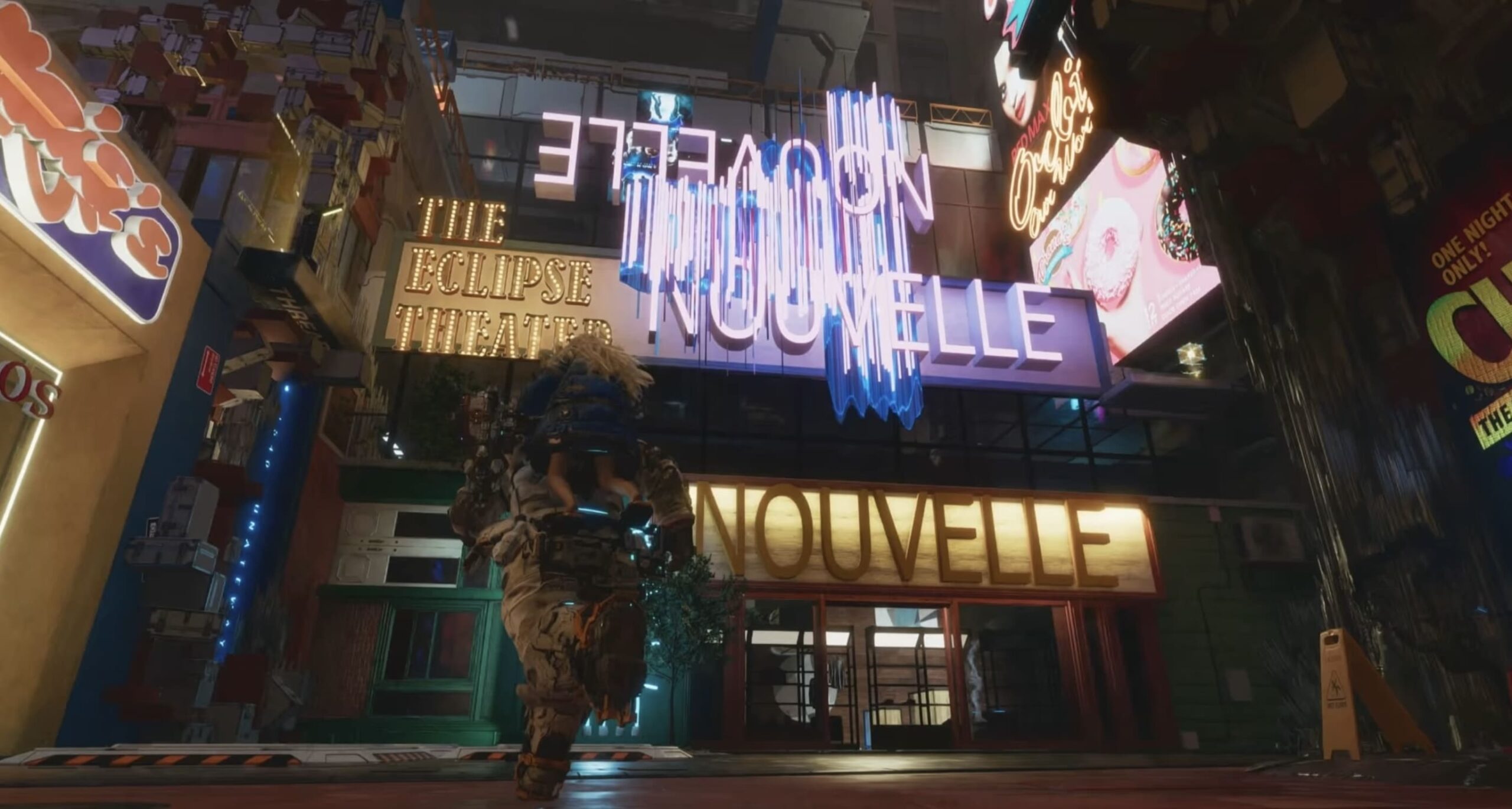 I due protagonisti del videogioco Pragmata si dirigono verso un'insegna luminosa