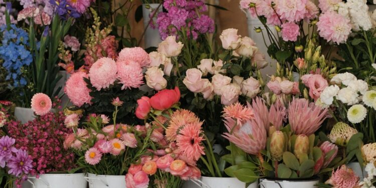 Una serie di vasi bianchi di fiori esposti sopra un ripiano in legno.