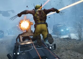 Il supereroe Wolverine salta su una camionetta in corsa che lo sta sparando con la torretta montata sopra il veicolo nel videogioco omonimo.